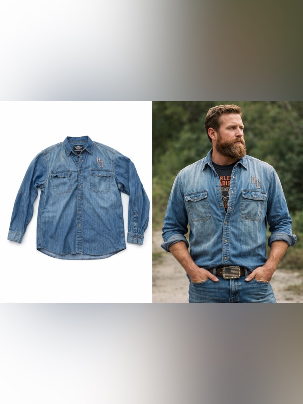 Harley‎ Davidson Denim Snap Shirt XL Embroidered Logo Biker Western Distressed - Picture 2 of 12
